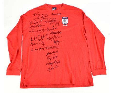 ENGLAND 1966 WORLD CUP WINNERS; an Umbro England retro-style reproduction home shirt signed by Hurst, Armfield, Greaves, East