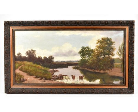 EDWARD LANCASTER (late 19th century); oil on canvas, cattle watering at a river with figure fishing along the bank, signed E 