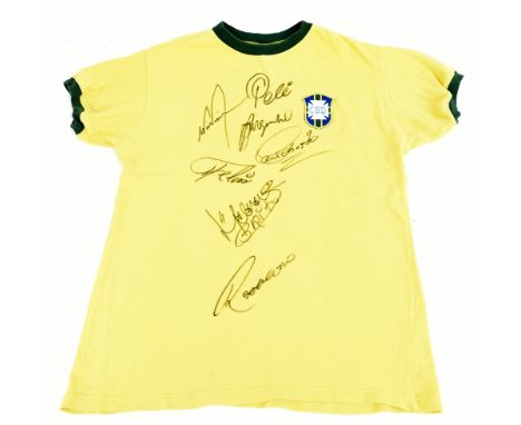 BRAZIL LEGENDS; a Toffs Brazil 1970 retro-style cotton home shirt signed by Pele, Piazza, Jairzinho, C. Alberto, Felix, Brito