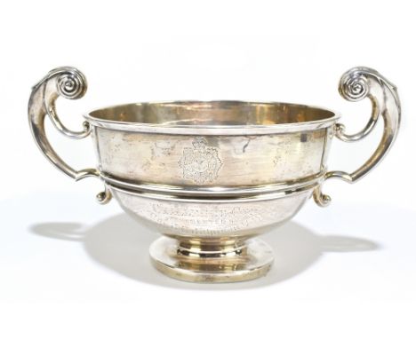 WALKER &amp; HALL; a Cheshire Regiment interest George V hallmarked silver twin handled pedestal bowl with engraved regimenta