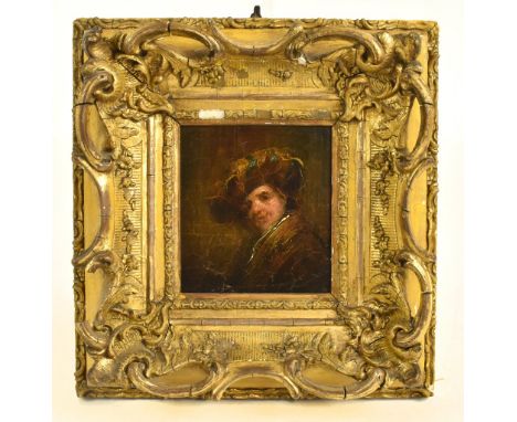 AFTER REMBRANDT; oil on canvas, portrait study, unsigned, 13.5 x 12cm, framed.