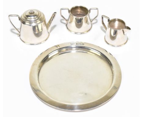 JOHN ROSE; an Elizabeth II hallmarked silver four piece miniature tea service comprising teapot, cream jug and twin handled s