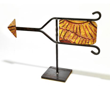 A modern painted metal weather vane point, raised on metal plinth base, height 40cm, width 58cm.