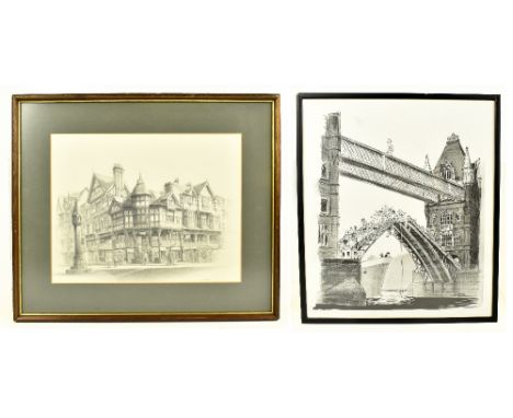 MARC GRIMSHAW; pencil sketch, 'Bridge St and The Cross, Chester', signed lower right, 28.5 x 36.5cm, framed and glazed, with 