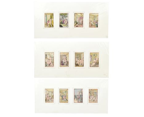 A set of twelve 18th century hand coloured erotic engravings&nbsp;including orgiastic examples from the works of Le Marquis d