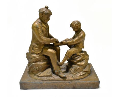 A Scottish cast patinated figure group after the original titled 'Ye Maunna Tramp on the Scotch Thristle Laddie Copyright', t
