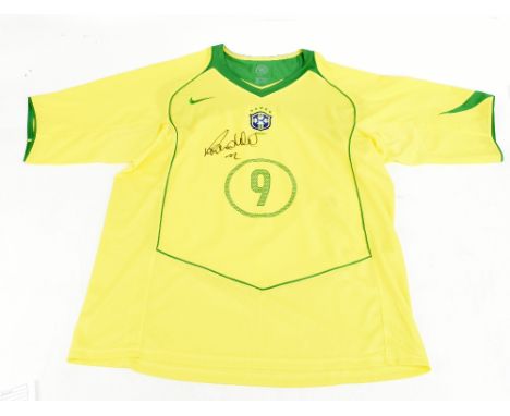 RONALDO (Ronaldo Luís Nazário de Lima); a Nike Brazil 2004 home shirt signed and no. 9 to front, size XL. Additional Informat