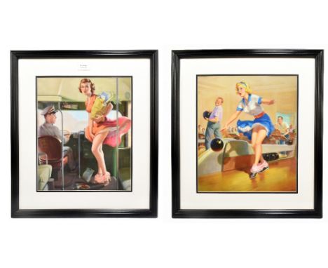AFTER ART FRAHN; two original US 1950s pin-up lithographs, 'Spare?' and 'A Fare Loser', each approx 34.3 x 28.5cm, both frame