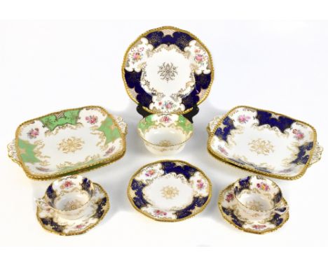 COALPORT; a eleven pieces of 'Batwing' pattern tea wares, comprising two green 'Batwing' cake plates and a sugar bowl and two