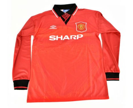 ERIC CANTONA; an Umbro Manchester United 1994-96 seasons retro reproduction home shirt signed with ‘Cantona 7’ to reverse, si