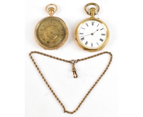 Two yellow metal cased fob watches, the first a Waltham example with engine turned dial stamped '10C' to case and dust cover 
