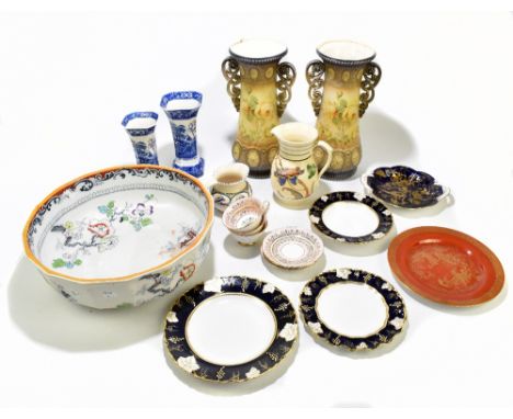 A collection of assorted ceramics including a Spode gilt decorated plate, Royal Crown Derby Vine Cobalt plates (seconds quali