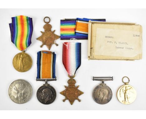 A group of WWII medals comprising a War and Victory duo awarded to 352480 Pte. F. Clarke Labour Corps, awarded to 37729 Sgt. 