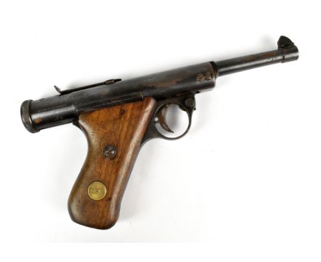 A Haenel Mod 28 .177 break barrel air pistol, British Patent No.277265 and USA Patent No.1761993, stamped with the calibre to