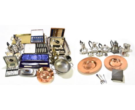 A small quantity of assorted metalware including a silver plated twin handled tray, a four piece tea service, assorted pewter