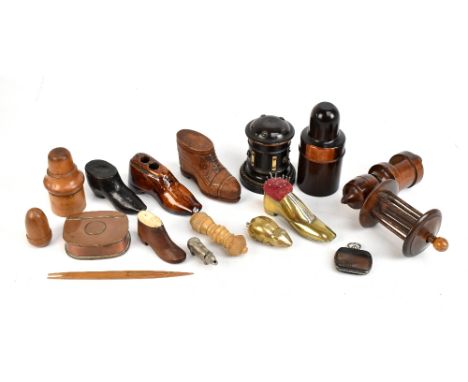 A collection of mostly 19th century treen and brass collectors' items including a Lignum Vitae box and cover, a carved wood s