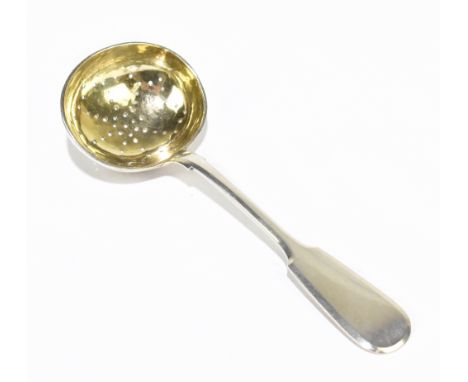 VASILY M. ASHMARIN; a Russian 84 zlotnik grade silver Fiddle pattern sifting spoon with gilt washed bowl, Moscow 1893, with s