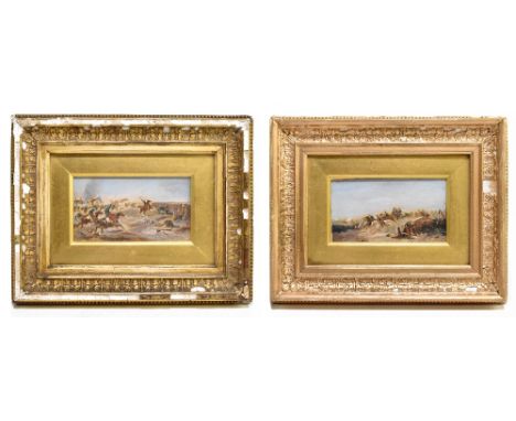 A pair of over painted prints on board depicting battle scenes, possibly Crimean War or Franco-Prussian War, 7.5 x 13cm, fram