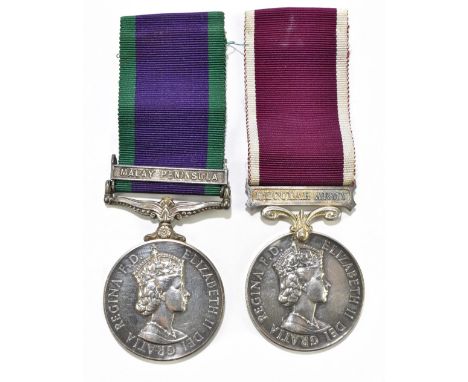 An Elizabeth II Regular Army Long Service and Good Conduct Medal and General Service Medal with 'Malay Peninsula' clasp award