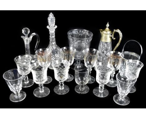 A selection of 19th century and later glassware, including an engraved and cut oversized goblet decorated with thistles and r