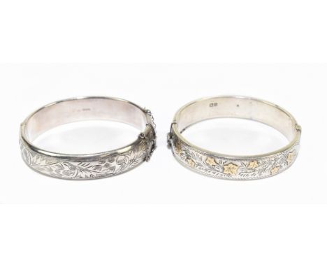 CHARLES HORNER; an Elizabeth II hallmarked silver bangle with bright cut foliate decoration, Chester 1959, internal aperture 