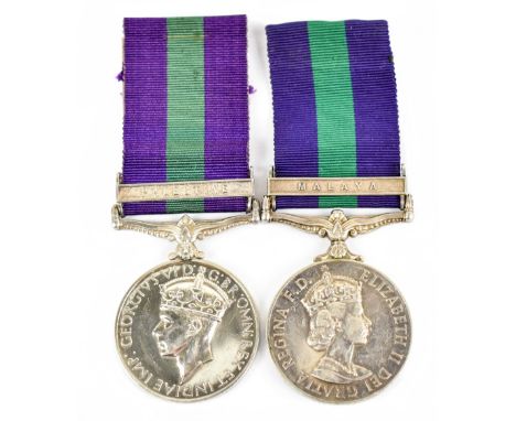Two General Service Medals, the George VI example with 'Palestine' clasp awarded to 6978837 Fusilier P. O'Dea Royal Irish Fus