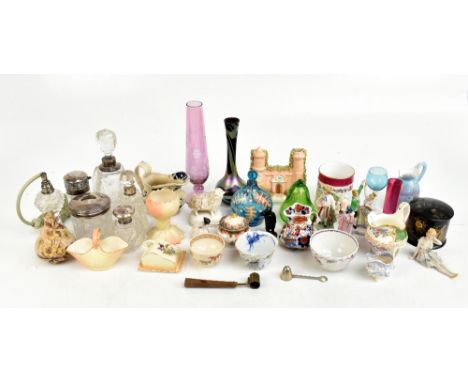 A collection of 19th century and later ceramics and glass including a hallmarked silver mounted glass atomiser, Birmingham 19