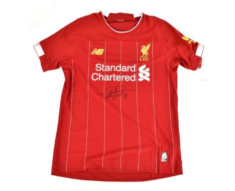 VIRGIL VAN DIJK; a New Balance Liverpool 2019-20 season child’s home shirt signed to front, size XLB.Additional InformationCr