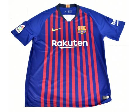 LIONEL MESSI; a Nike FC Barcelona 2018 home shirt signed with ‘Messi 10’ to reverse, size XL.Additional InformationCreasing a