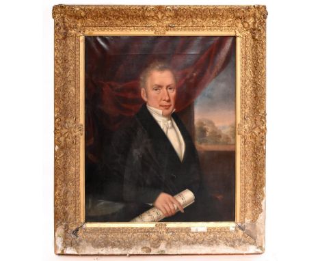 EARLY 19TH CENTURY ENGLISH SCHOOL; oil on canvas, portrait of a composer standing before a window holding a rolled piece of s