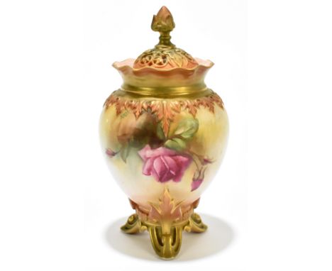 JOSEPH HADLEY FOR ROYAL WORCESTER; a hand painted potpourri and cover, decorated with roses, puce factory mark 245 to base, h
