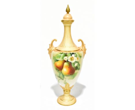 ROYAL WORCESTER; a twin handled vase and cover painted with pears by F Parker, shape no.1911, height 31.5cm (2).Additional In