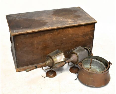 A stained old pine twin handled blanket box with plinth base, width 102cm, depth 52cm, height 53cm, together with assorted me
