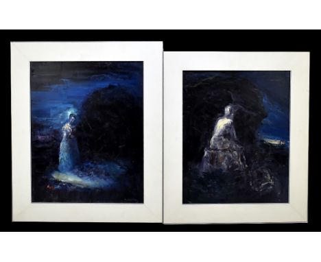 R ANDERSON; two oils on board, figures in landscape, each signed, larger example 44 x 35cm, each framed.&nbsp;