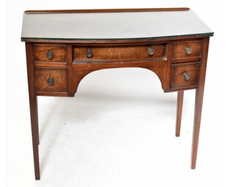 A George III style mahogany bowfront side table, with five drawers, on tapered square legs, height 77cm, width 91cm, depth 48