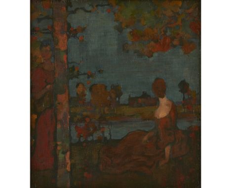 JAMES WATTERSTON HERALD (SCOTTISH 1859-1914)  BY THE RIVER   Oil on panel  30.5cm x 28cm (12in x 11in) Exhibited:English-Spea