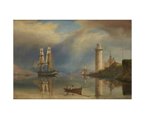 WILLIAM CLARK OF GREENOCK (SCOTTISH 1803-1883)  SHIPPING OFF THE CLOCH LIGHTHOUSE   Inscribed on a label verso, oil on panel 