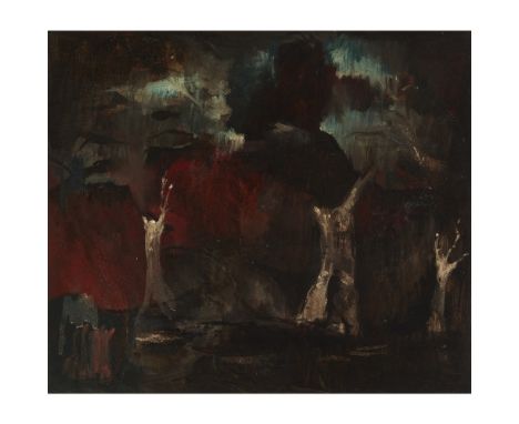 [§] WILLIAM JOHNSTONE O.B.E. (SCOTTISH 1897-1981)  BORDERS LANDSCAPE   Signed and indistinctly dated 1936 verso, oil on panel