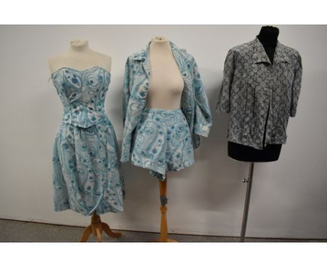 A late 1950s/ early 1960s four piece beach set comprising of sun top and shorts, shirt and skirt, also included is a 1940s bl