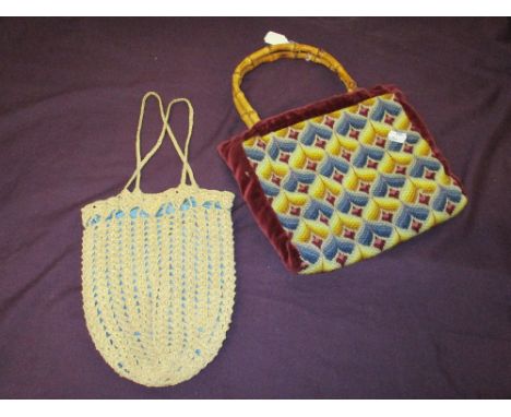 Two early 20th century bags, one crocheted having silk lining and the other tapestry with cane handles.