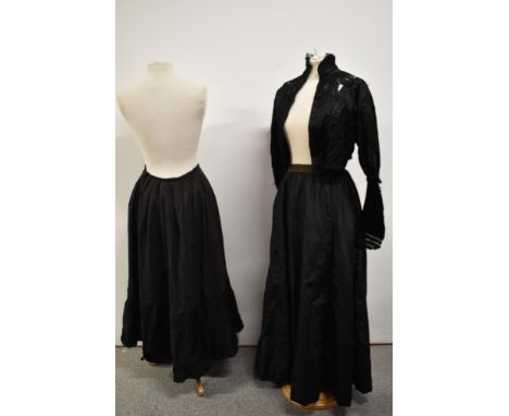 A Victorian black silk bodice having extensive ladder work detailing, a petticoat and skirt also to be include, AF.