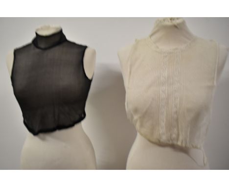 A Victorian black georgette modesty panel or bib front with stand up collar and similar Edwardian cotton tulle and lace examp