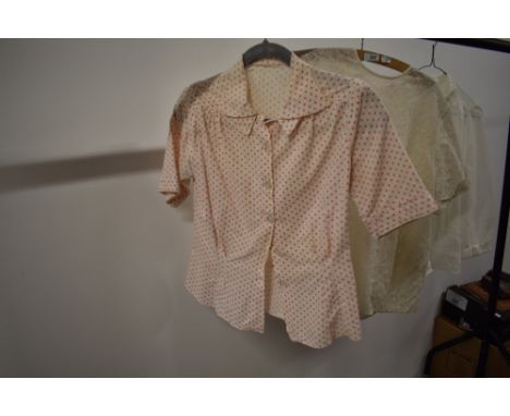 A selection of vintage blouses including 1940s polka dot cotton blouse with unusual collar.