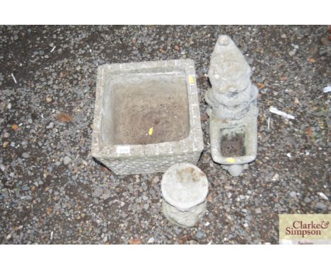 A concrete garden ornament in the form of a gnome, a concrete planter AF etc.