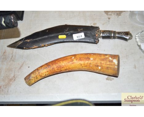 A piece of horn together with a cookery knife and scabbard 