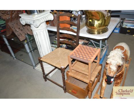 A string seated ladder back barley twist chair; a string seated stool and a string seated storage stool