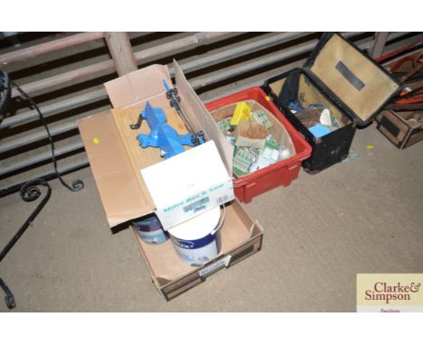 Four boxes containing various fittings, tools, mitre saw, paint etc.