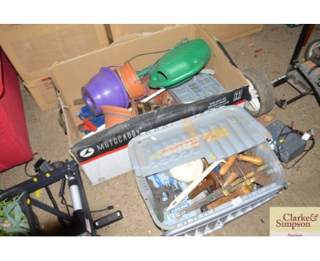 A box of various tools together with a box of various sundry garden items