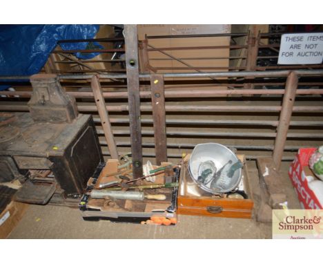 A box of various wooden planes, pumps etc.; together with a drawer and contents of various tools, preserving pans