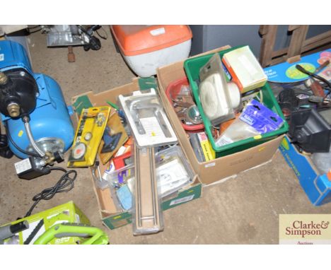 Three boxes of various tools, door handles and various sundry items